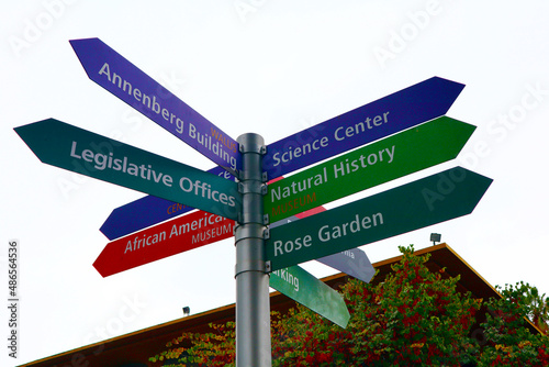 Los Angeles, California: direction sign at Exposition Park, an urban park with outdoor recreational activities, Natural History Museum, Rose Garden, Science Center, Coliseum, Stadium, ect. © Walter Cicchetti