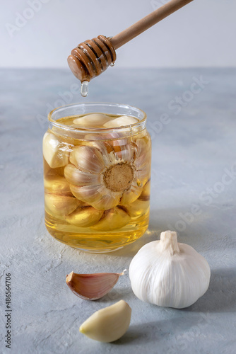 Fermented garlic honey is an addition to dressing the dish.