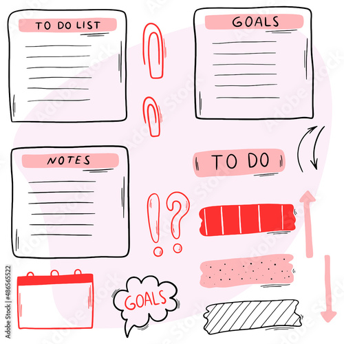 Bullet journal hand drawn element set, sticker and planer in doodle style.