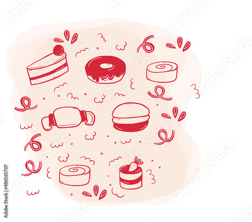 Bakery set with cake, croissant, macaroon, donut and cinnamon roll.