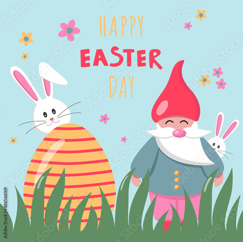 Vector flat illustration for Easter. Cute Easter gnome, bunnies and Easter egg on blue background. Happy Easter banner. EPS10. Modern minimalistic style.