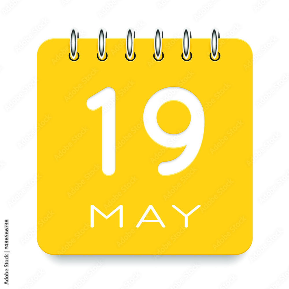 19 day of the month. May. Cute yellow calendar daily icon. Date day week Sunday, Monday, Tuesday, Wednesday, Thursday, Friday, Saturday. Cut paper. White background. Vector illustration. 19 day of the month. May. Cute yellow calendar daily icon. Date day week Sunday, Monday, Tuesday, Wednesday, Thursday, Friday, Saturday. Cut paper. White background. Vector illustration.