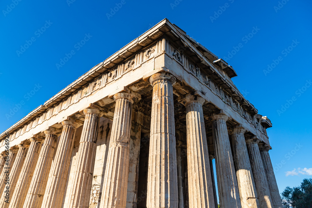 Temple of Hephaestus in Athens, Greece. It is an old famous landmark of Athens. Greek ruins in the Ancient Agora in Athens center. Temple of Hephaestus in Athens, Greece. It is an old famous landmark of Athens. Greek ruins in the Ancient Agora in Athens center.
