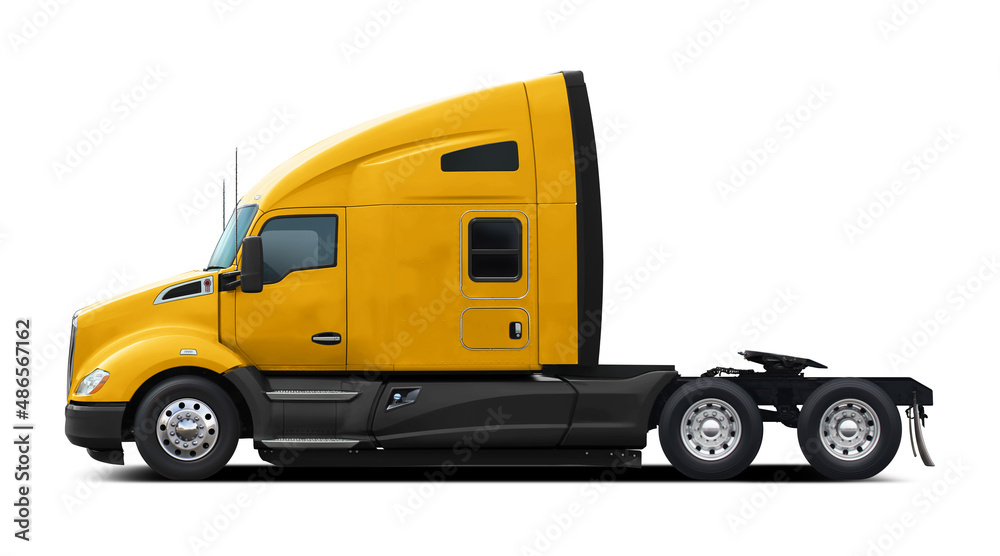 Modern American yellow truck with black plastic underside. Side view isolated on white background. Modern American yellow truck with black plastic underside. Side view isolated on white background.
