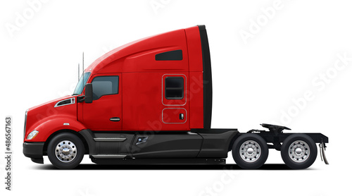 Modern American red truck with black plastic underside. Side view isolated on white background.