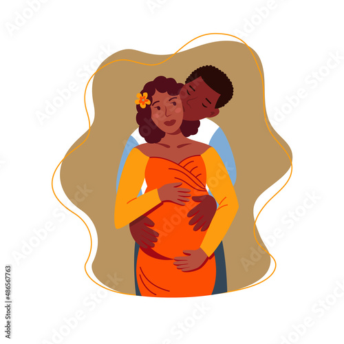 Beautiful smiling pregnant woman with her husband. Happy Afro-American man hugging his pregnant dark-skinned wife. In anticipation of the birth of a child. Vector illustration in cute cartoon style.