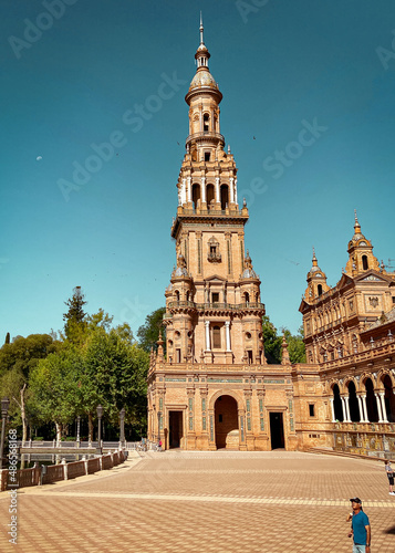 Seville, Spain: 03-07-2021: Seville Sevilla Plaza de Espana in Andalusia Spain square. is a square in the Parque de Maria Luisa, Historical landmark. Arabic ceramic style. 