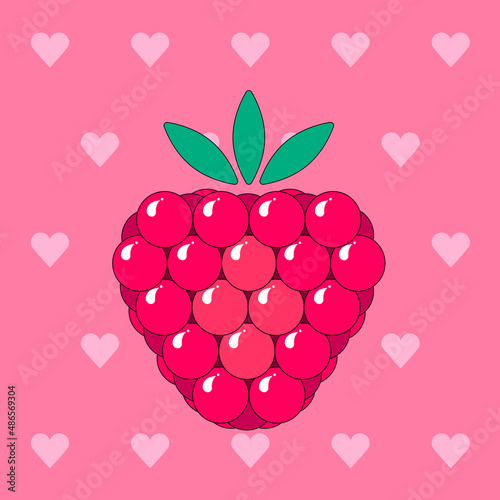 Vector illustration of a sweet raspberry on a heart background. Tasty, juicy, berry dessert. It is suitable for use for postcards, gifts, social media, print, cafe menu, restaurant, bar, shops.