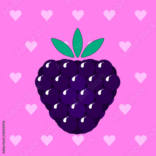 Vector illustration of a tasty blackberry on a heart background. Sweet, juicy, berry dessert. It is suitable for use for postcards, gifts, social media, print, cafe menu, restaurant, bar, shops.