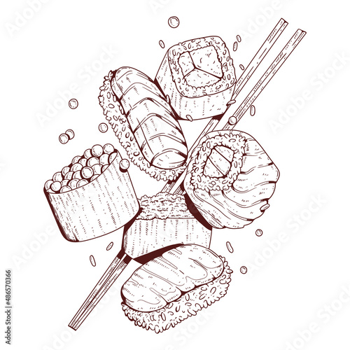Sushi set, sketch drawn vector. Outline illustration of delicious sushi and rolls set with chopsticks in motion. Cafe logo, signboard, asian cuisine menu decoration, ad banner design element.
