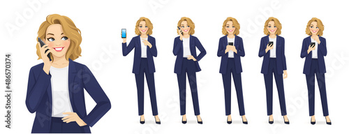 Elegant beautiful business woman with mobile phone talking, texting and showing empty sreen isolated vector illustration