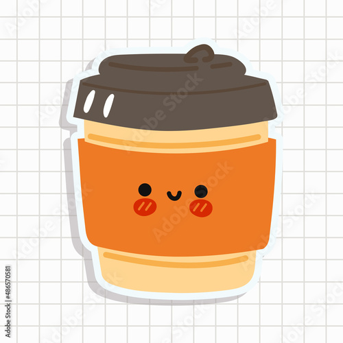 Funny cute happy coffee paper cup characters. Vector kawaii line cartoon style illustration. Cute happy coffee paper cup sticker in a notebook