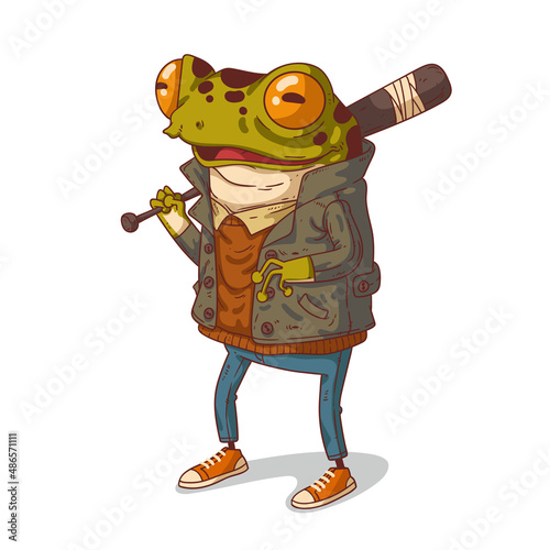 A thug frog with a bat, isolated vector illustration. Casually dressed anthropomorphic frog, holding a baseball bat over his shoulder. An animal character with a human body. Humanized frog dude