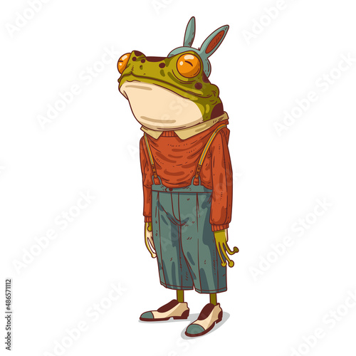 Easter bunny frog, isolated vector illustration. Elegant anthropomorphic frog wearing trousers with suspenders and rabbit ears, standing with his hands by his sides. Animal character with human body