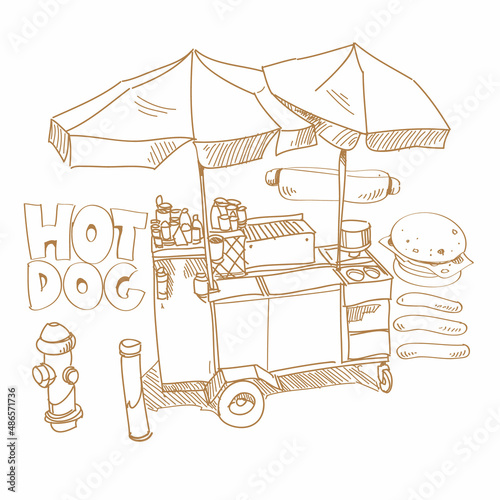 Street food. Hot dog stand hand drawn, vector illustration