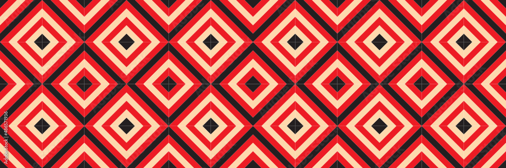 Red, black, and cream abstract line geometric diagonal square seamless pattern banner background. Vector illustration. Red, black, and cream abstract line geometric diagonal square seamless pattern banner background. Vector illustration.