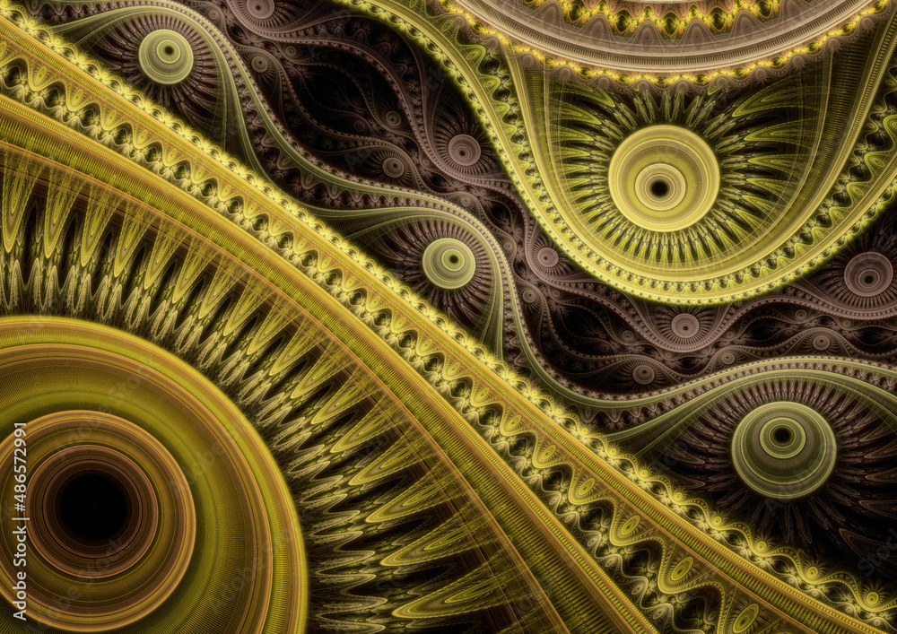 Blue and golden mechanical abstract background fractal