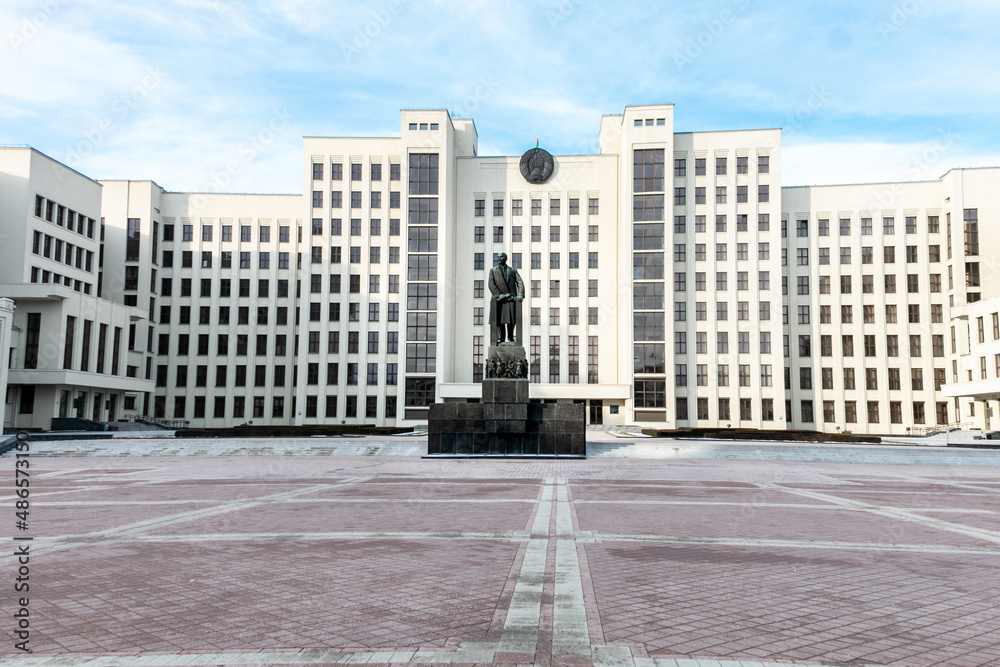 House of the Government of the Republic of Belarus in Minsk on Lenin Square. In the center in front of the building there is a monument to V. I. Lenin.