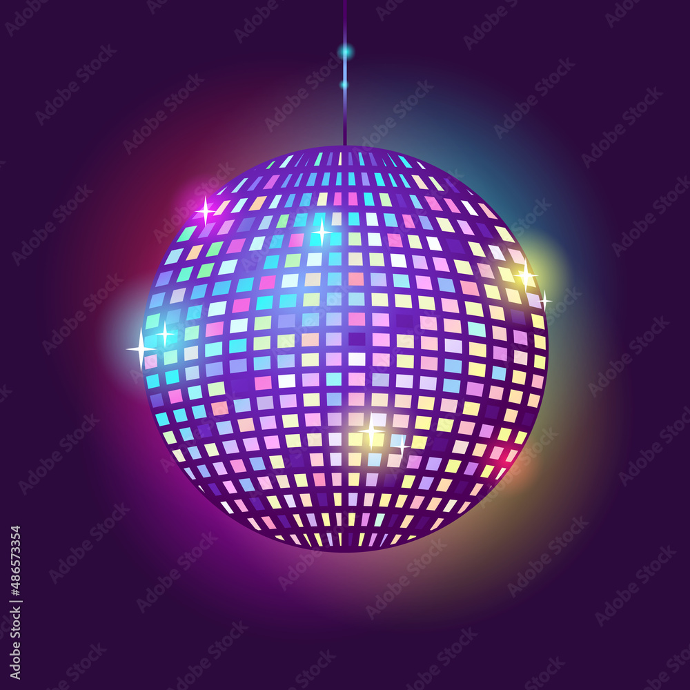 Obraz premium Disco ball glowing on a dark background. Night party in the club. Vector stock illustration. 