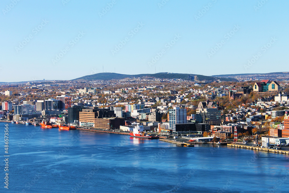 View of city of St. John's looking northwest from Signal Hill, over St. John's Harbour.