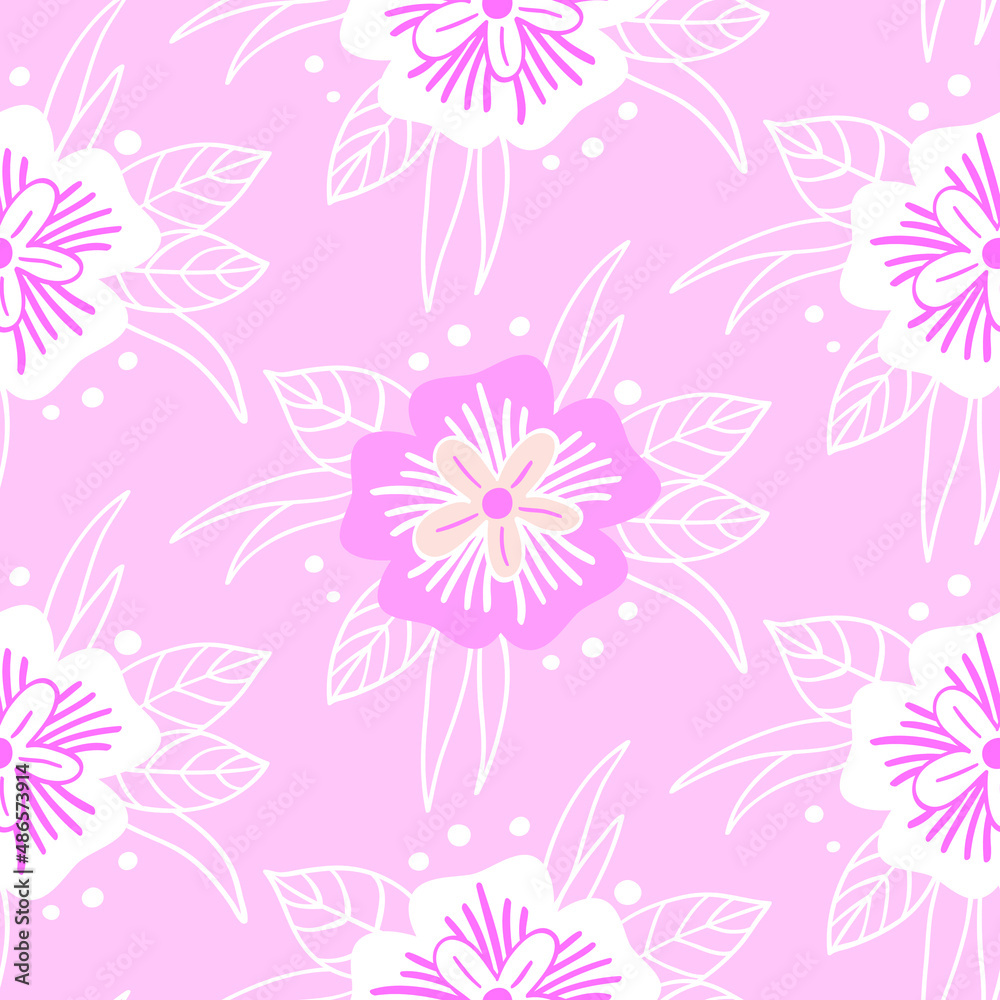 Cute pink seamless pattern with sketched flowers. 
