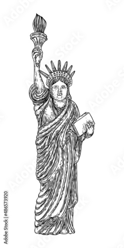 Statue of liberty in hand drawing style, line hatching stroke. Hand drawn sketch. American national symbol, New York and USA landmark. Vector.