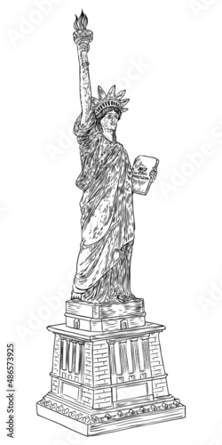 Statue of liberty in hand drawing style, line hatching stroke. Hand drawn sketch. American national symbol, New York and USA landmark. Vector.