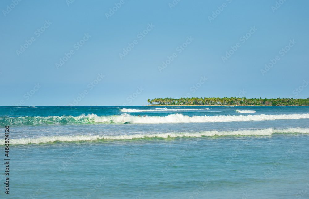 Landscape of tropical palm beach in the ocean. Sea waves off the Caribbean coast. Summer vacation on a paradise peninsula. Relaxation and recreation in nature.