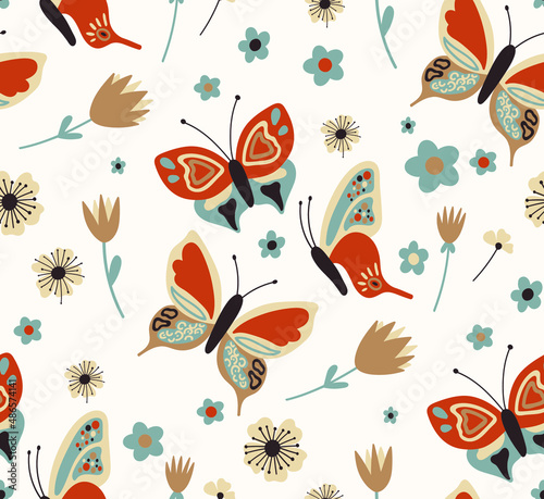 Seamless pattern with flowers and butterflies.  © Kolerowa