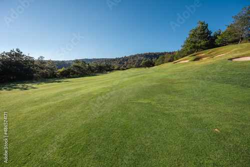 Fototapeta Naklejka Na Ścianę i Meble -  Golf course landscape with short green grass, some hills and trees.
