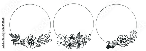 Flower wreath set. Drawn by hand in a doodle style. Ideal for colouring pages.