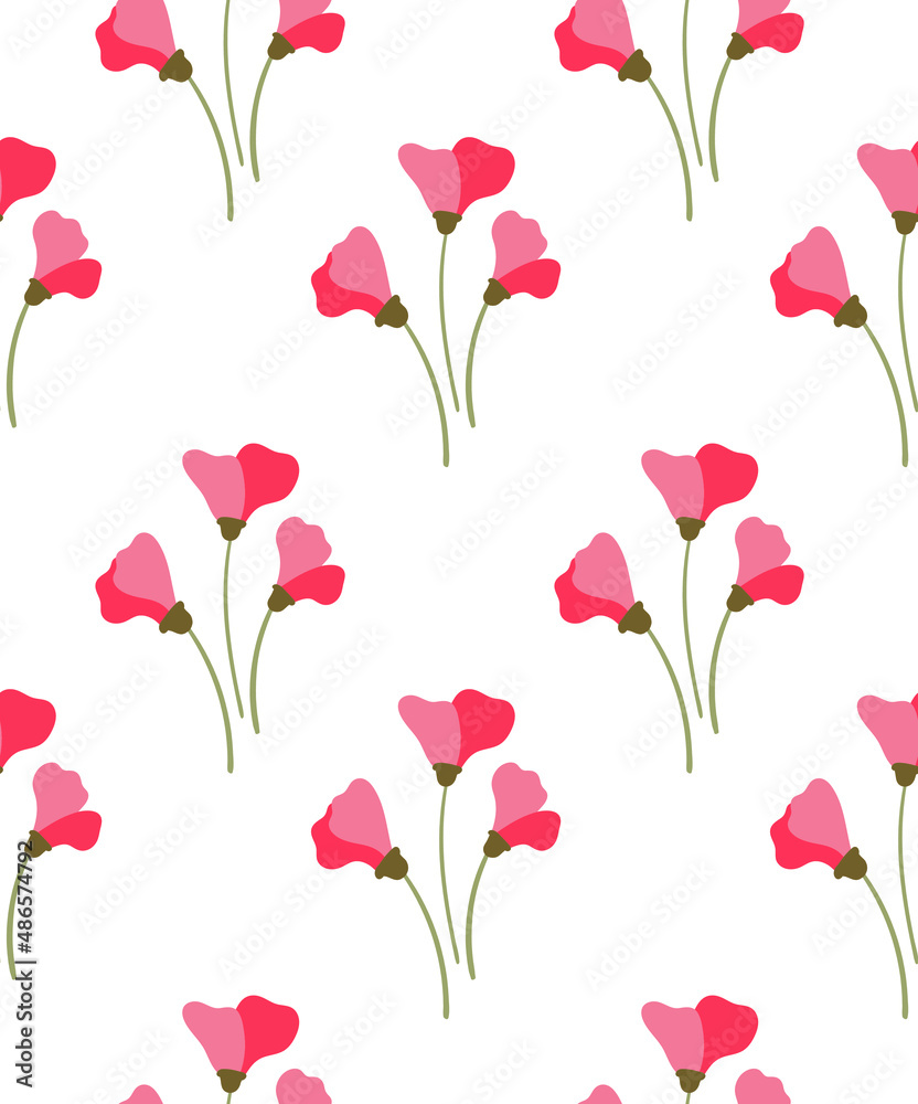 Simple pink flowers. Seamless pattern with wildflowers on the white background.