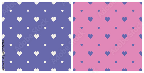 Seamless background pattern big and small heart shape. Color trendy 2022 very peri. Design texture elements for fabric, tile, banner, card, cover, poster, backdrop, wall. Vector illustration.