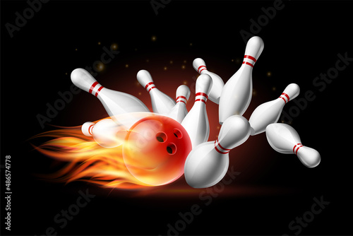 Red Bowling Ball in Flames crashing into the pins on a Dark Background. Illustration of bowling strike.