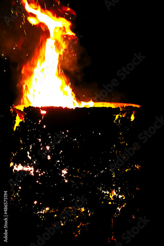 Fire in an oil tank in barrels, on a dark background