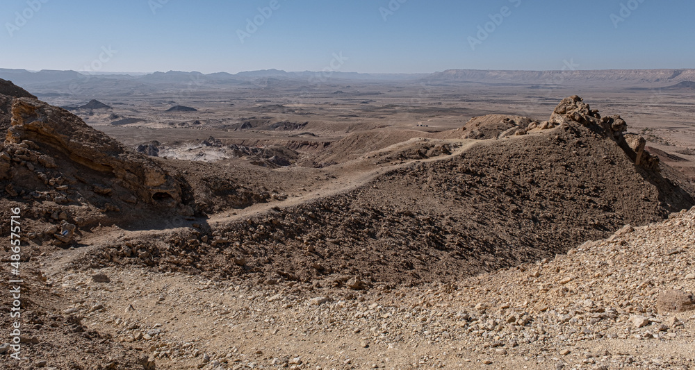 Aerial view from the ascent trail on Mount Ardon with the Ramon Crater below in the background, Mitzpe Ramon, Beer Sheba, Negev Desert, Southern Israel, Israel