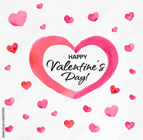 Happy Valentines Day Banner, Beautiful Background with Watercolor Hearts, Lettering and Aquarell