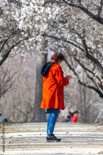 Woman surrounded by white flowers of almond trees in full bloom in spring in El Retiro park in Madrid, in Spain. Europe. Vertical photography. Spring. Spring Time 2023.