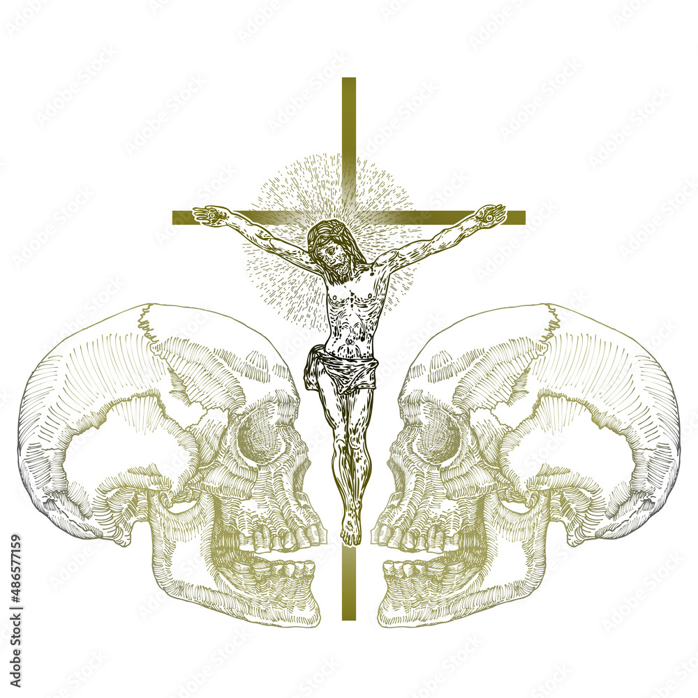 Jesus Christ crucifixion with drawing of skulls, symbol of saint. Flash