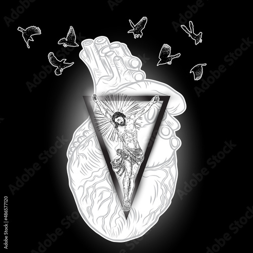 Jesus Christ on sacred geometry triangle tattoo with silver beams background and sacred heart. Birds flock flying around. Symbol of Christianity prayer, religion. Mystical spiritual secrets. Vector.