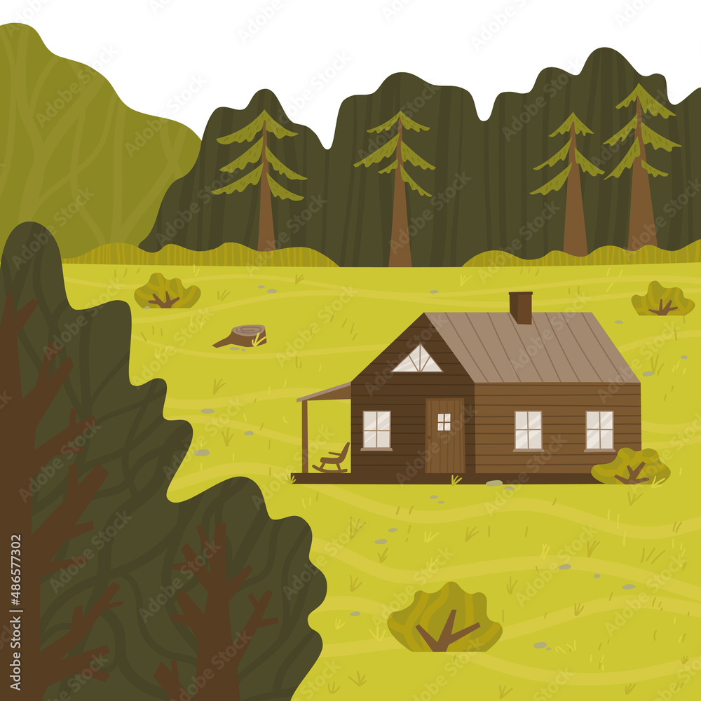 Forest landscape with cabin vector illustration. Flat style nature with ...