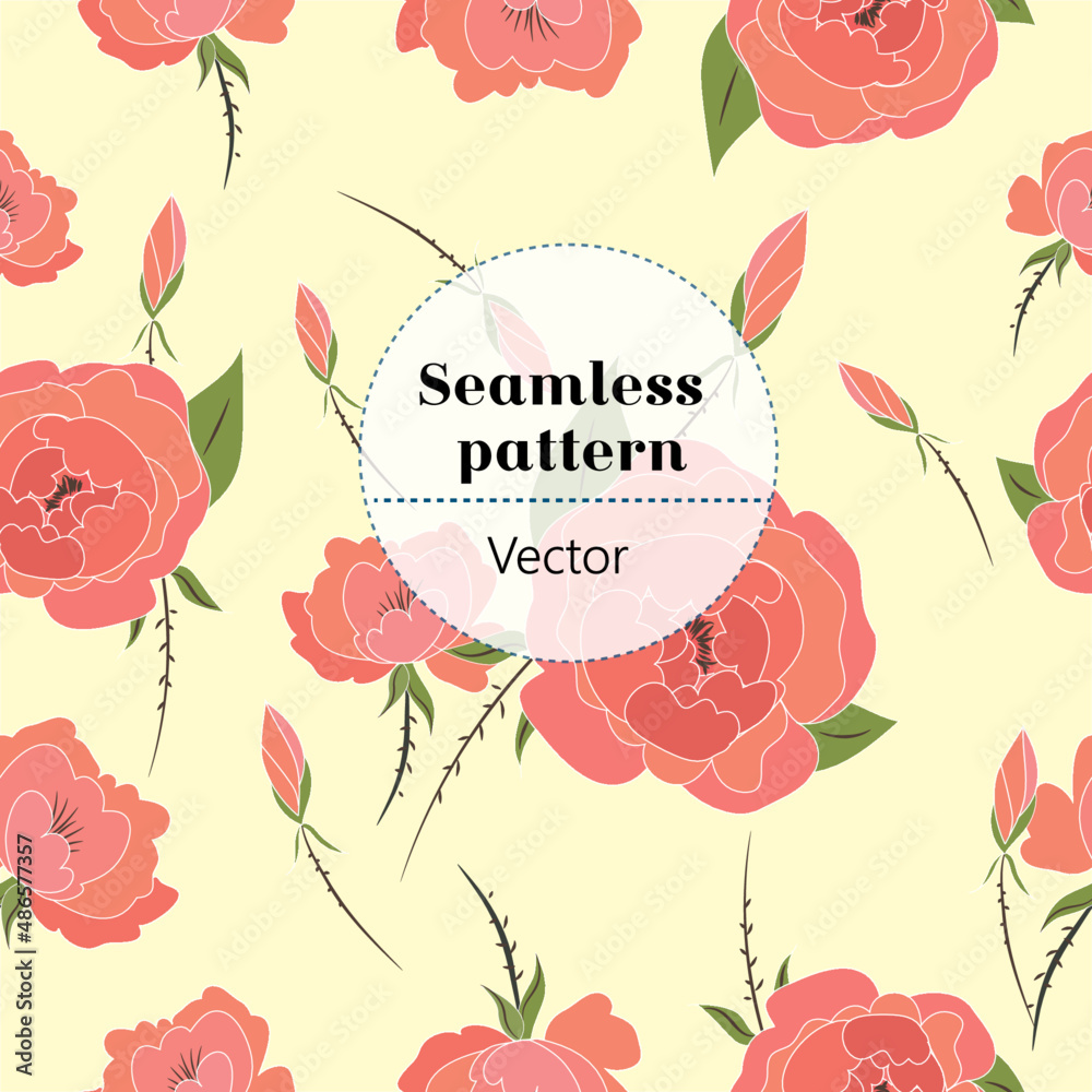 Vector seamless pattern.
Roses on a pastel yellow background