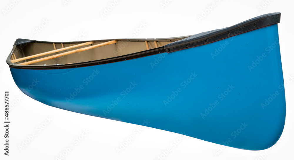 blue tandem canoe with wood seats isolated on white, water droplets on a hull blue tandem canoe with wood seats isolated on white, water droplets on a hull