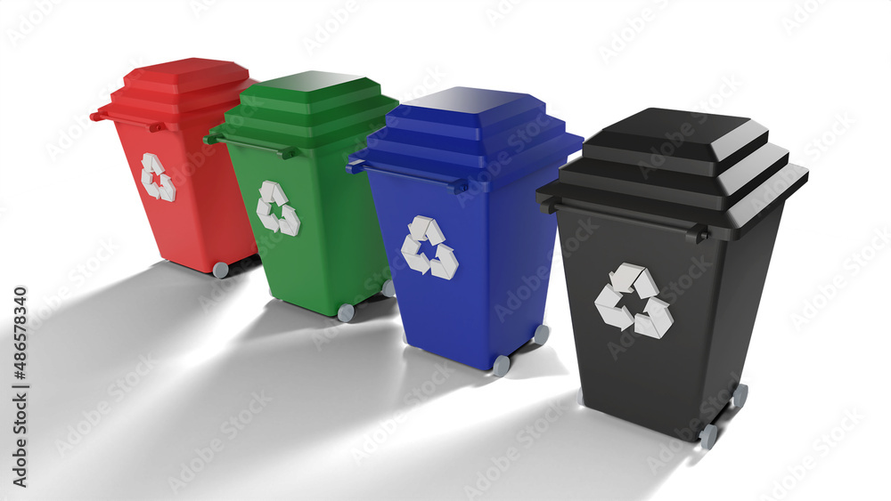 Trash cans garbage containers of different colors 3D rendering illustration Trash cans garbage containers of different colors 3D rendering illustration