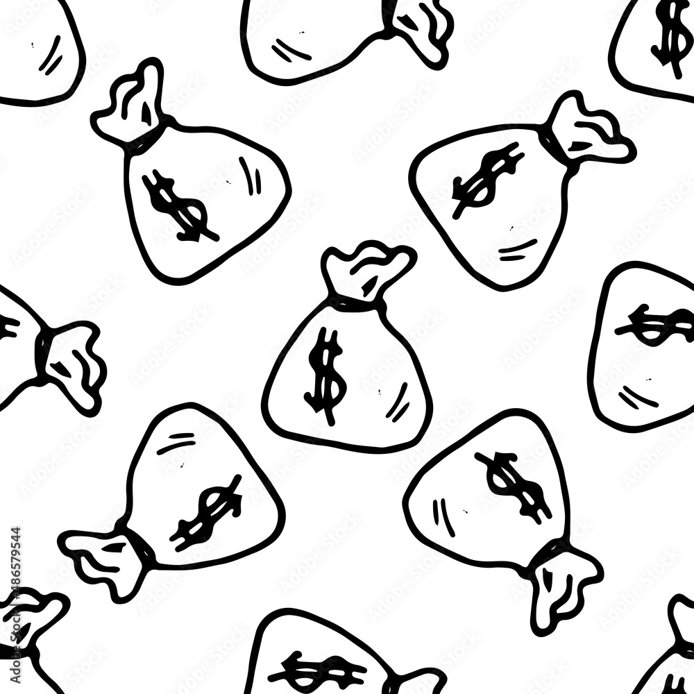 a pattern from a bag with a dollar sign. a seamless pattern of doodle-style drawings, a small knotted bag of money, an isolated black counter on white. symbol of wealth a pattern from a bag with a dollar sign. a seamless pattern of doodle-style drawings, a small knotted bag of money, an isolated black counter on white. symbol of wealth