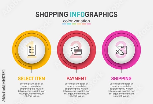 Concept of shopping process with 3 successive steps. Three colorful graphic elements. Timeline design for brochure, presentation, web site. Infographic design layout.