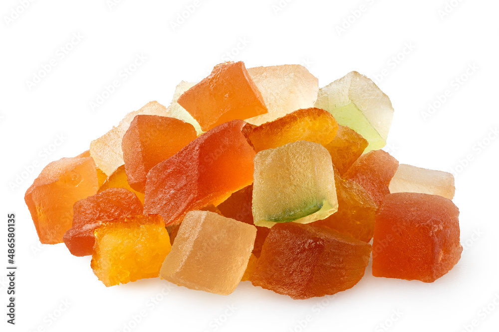 Heap of glazed dried fruit mix isolated.
