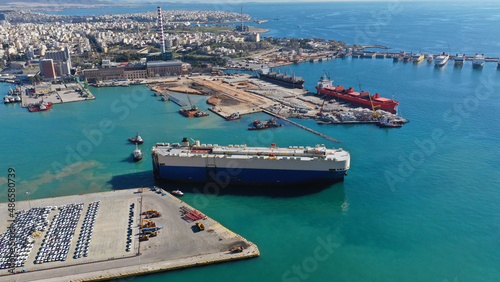 Aerial drone photo of international car terminal and Ro Ro boat terminal in Keratsini area, Piraeus, Attica, Greece