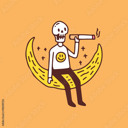 Cool skull smoke cigarette on the moon, illustration for t-shirt, sticker, or apparel merchandise. With retro cartoon style.