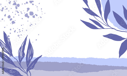 Abstract purple background in a trendy very peri palette. Minimalist leaves and plants banner with space for text